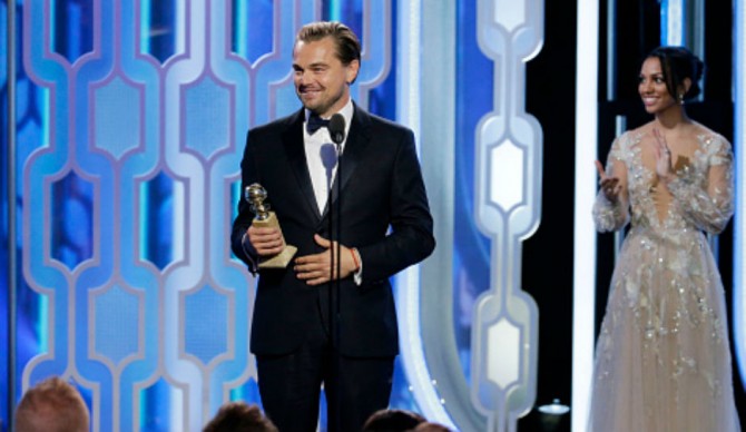 Leonardo Di Caprio taking home the Best Actor in a Drama prize at the 2016 Golden Globes